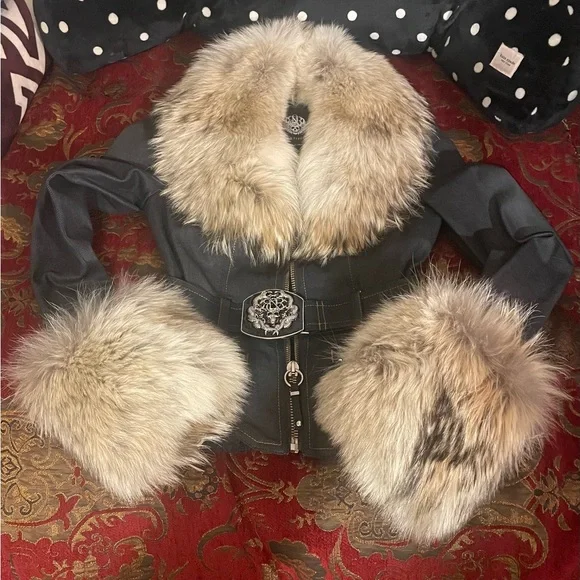 Authentic Rock & Republic Black Denim Jacket with Real Fox Fur - Picture 10 of 11